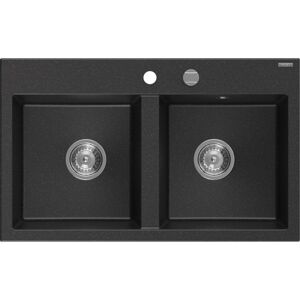 MEXEN Hektor granitový dřez 2-bowl 800 x 480 mm, černá/stříbrná metalik, sifon chrom 6521802000-73