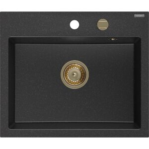 MEXEN/S Oscar granitový dřez 580 x 490 mm, černá/stříbrná metalik, zlatý sifon 6519581000-73-G