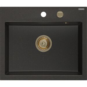 MEXEN/S Oscar granitový dřez 580 x 490 mm, černá/zlatá metalik, zlatý sifon 6519581000-75-G