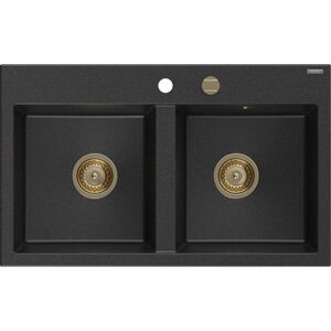 MEXEN/S Hektor granitový dřez 2-bowl 800 x 480 mm, černá/stříbrná metalik, zlatý sifon 6521802000-73-G