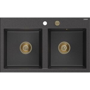 MEXEN/S Hektor granitový dřez 2-bowl 800 x 480 mm, černá kropenatá, zlatý sifon 6521802000-76-G