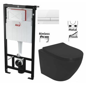 ALCADRAIN Sádromodul předstěnový instalační systém s bílým tlačítkem M1710 + WC REA CARLO MINI RIMLESS ČIERNY MAT + SEDADLO AM101/1120 M1710 MM1