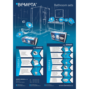 Bemeta Omega 6 chrrom set držák toaletního papíru, držák ručníku, WC štětka, dvojháček, držák sklenice a mýdlenka 204601OMEGA6