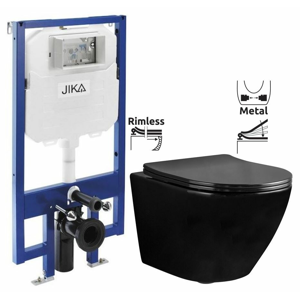 JIKA předstěnový instalační 8 cm systém bez tlačítka + WC REA CARLO MINI RIMFLESS ČERNÁ + SEDÁTKO H894652 X CL1